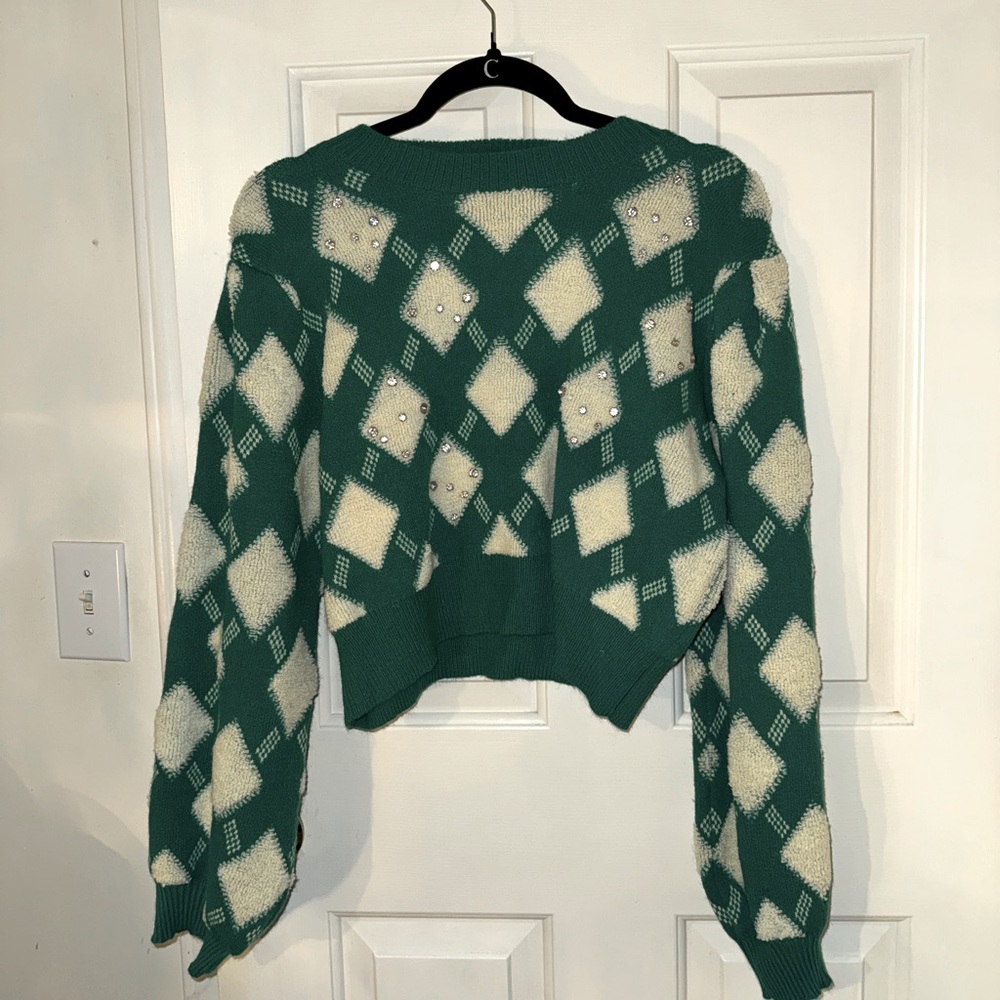 NEW WITH TAGS! Green and white sweater with rhinestones size large